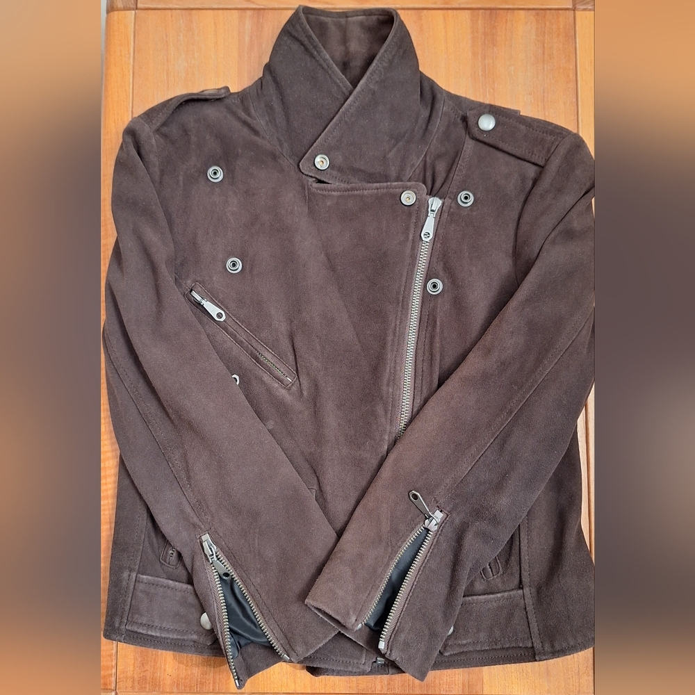 Rebecca Minkoff Goatskin Suede Jacket Biker Moto Crop Brown Leather Womens XS